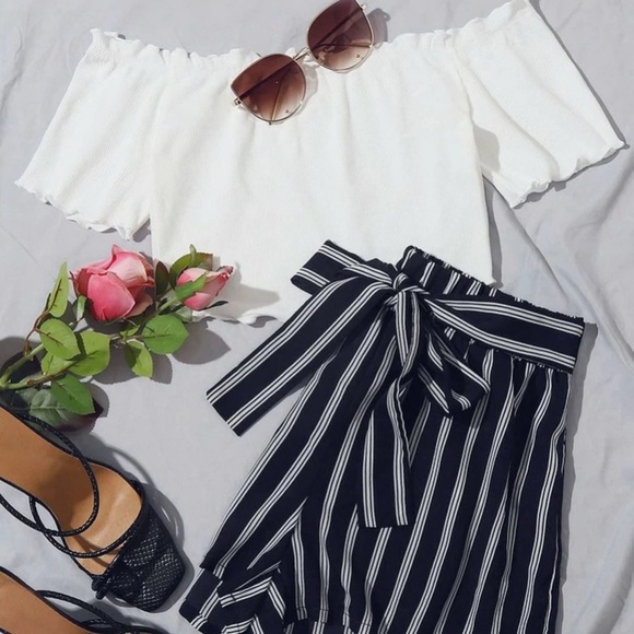 SHEIN Dresses & Skirts - 🌻 Lettuce Edge Bardot Top and Striped Shorts Set